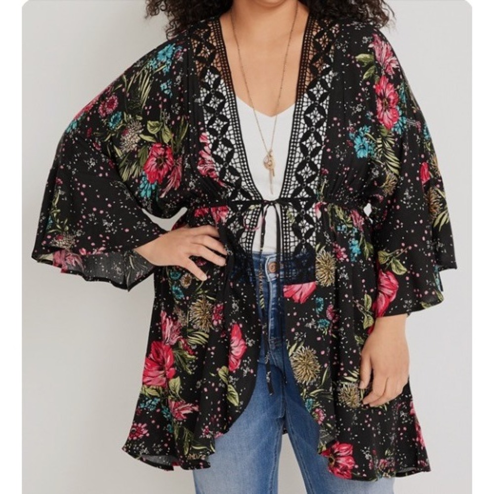 Maurices Plus Size Floral Crochet Trim Kimono Swim Cover Up 2X Black Open Front
